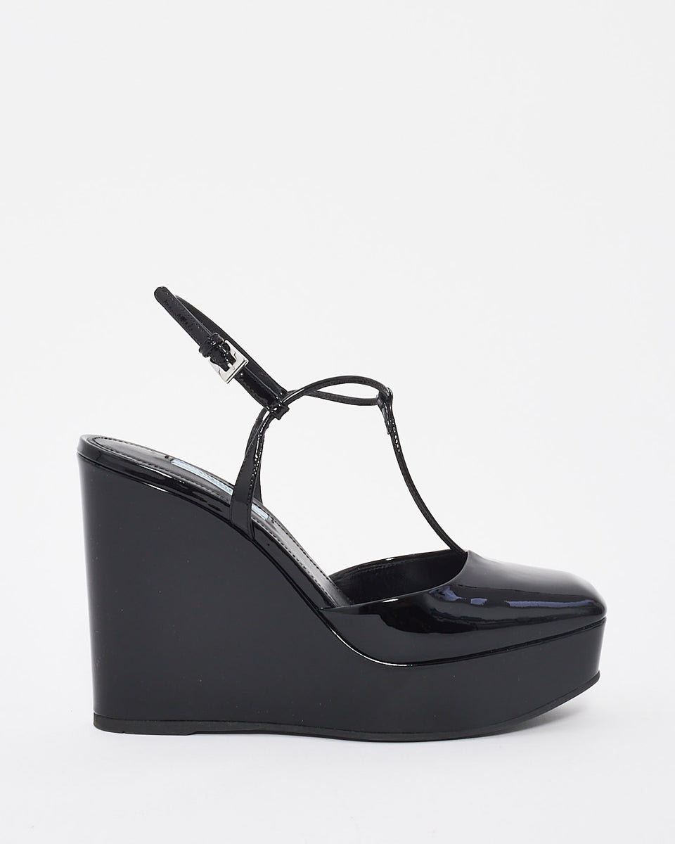 Prada Black Patent Leather Strap Wedge Sandal 37 Retyche 6669