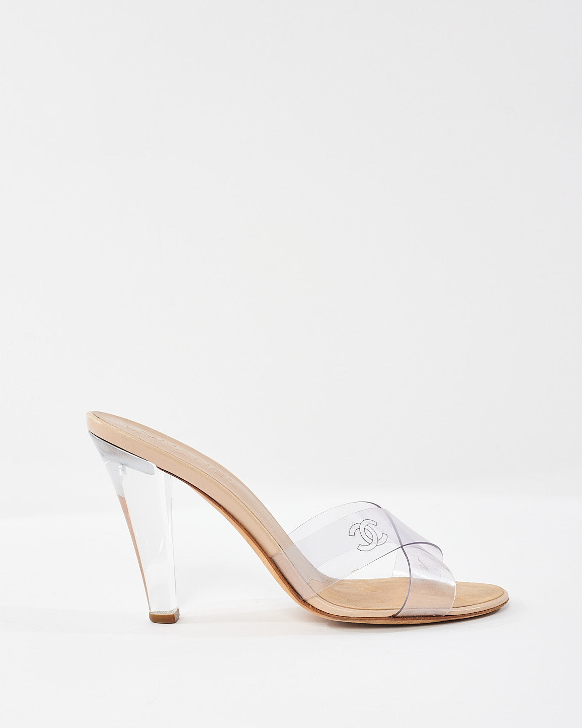 Chanel Clear PVC Logo High Heel Mule Sandals 38