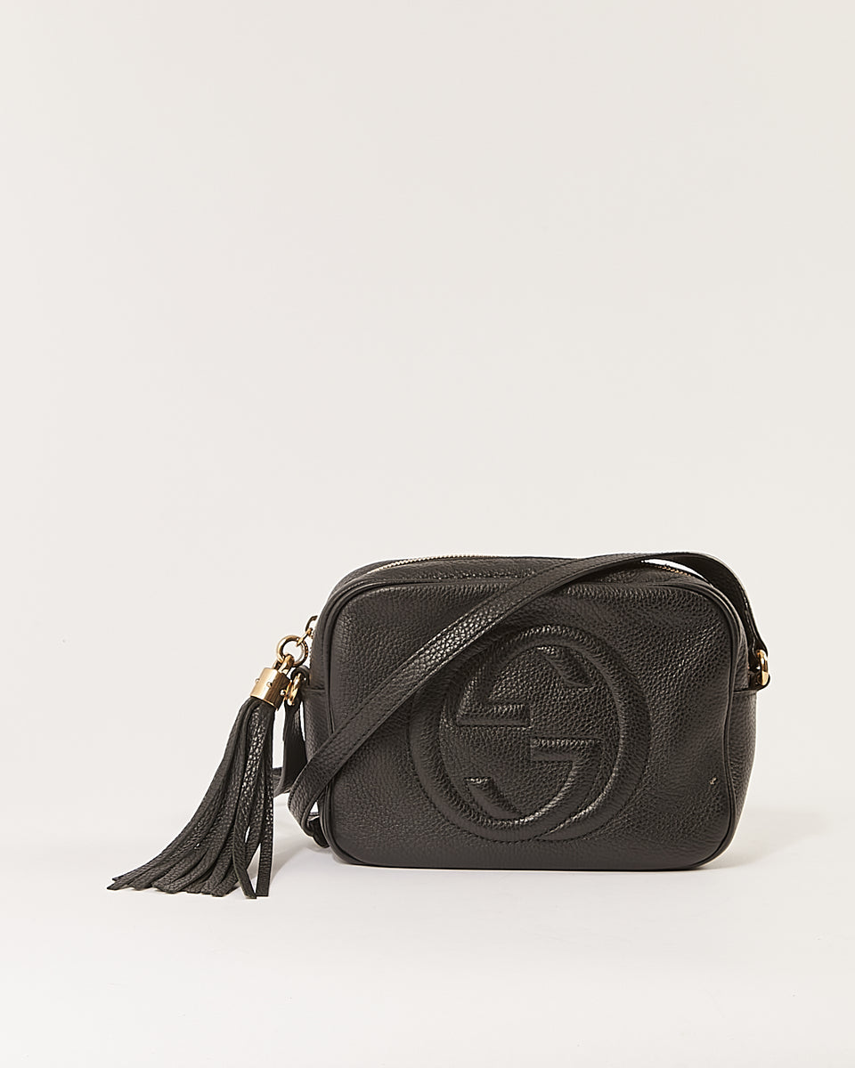 ✓Celebrity Gucci Soho Disco GG Black Pebbled Leather Crossbody