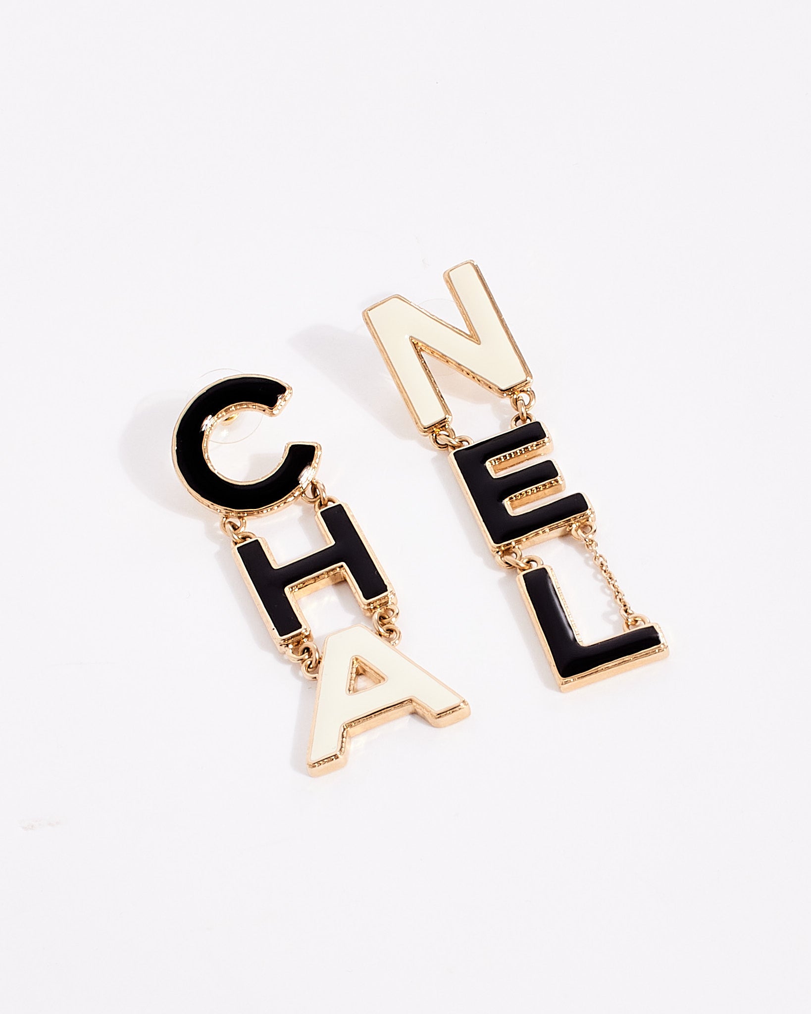 Chanel Black White Enamel CHA NEL Drop Earrings RETYCHE