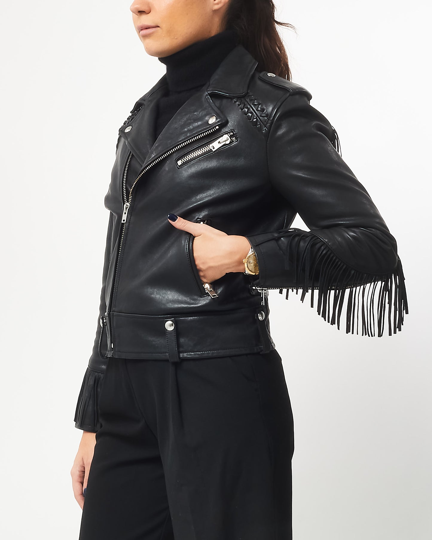 Iro Black Leather Fringe Moto Jacket - 40