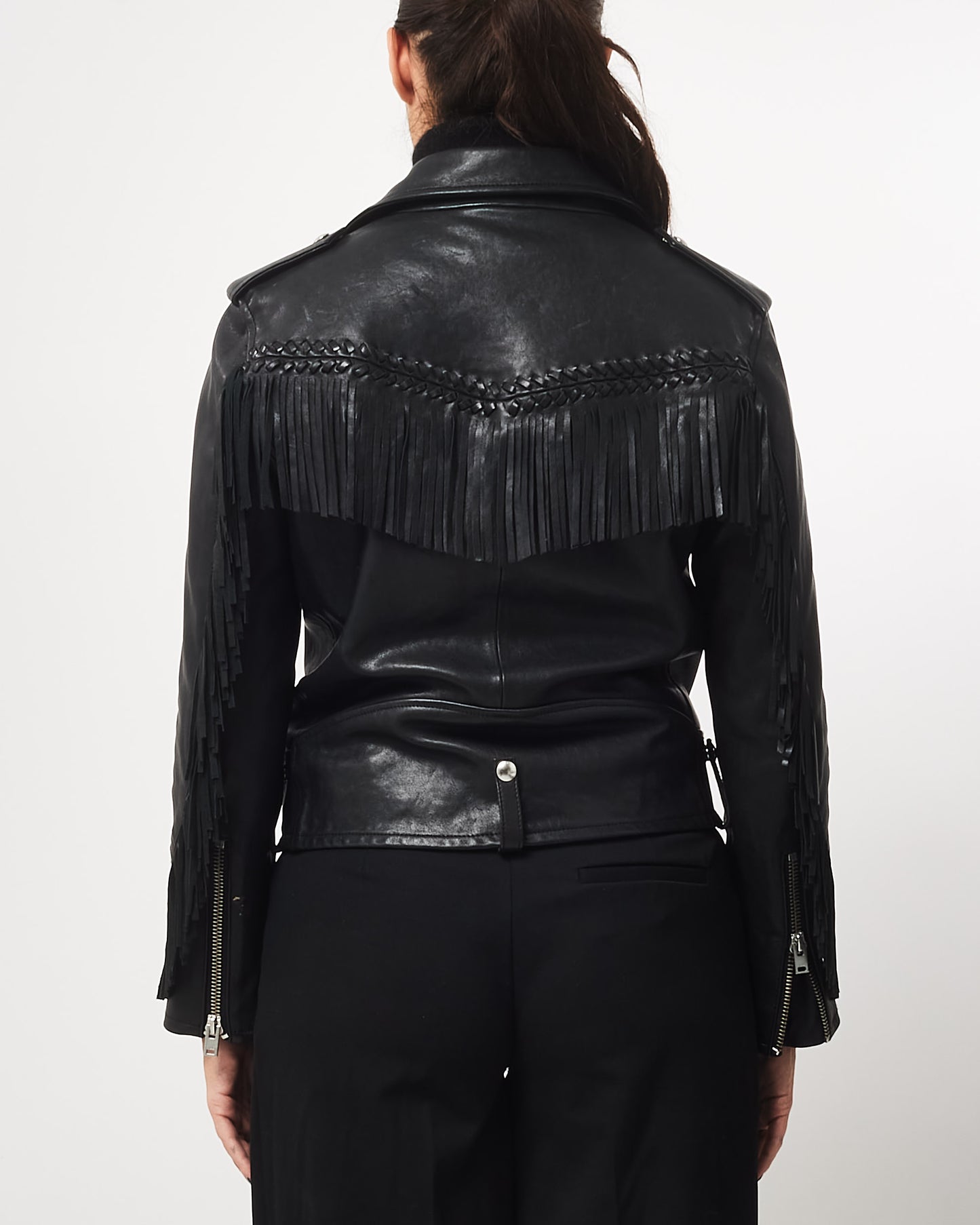 Iro Black Leather Fringe Moto Jacket - 40