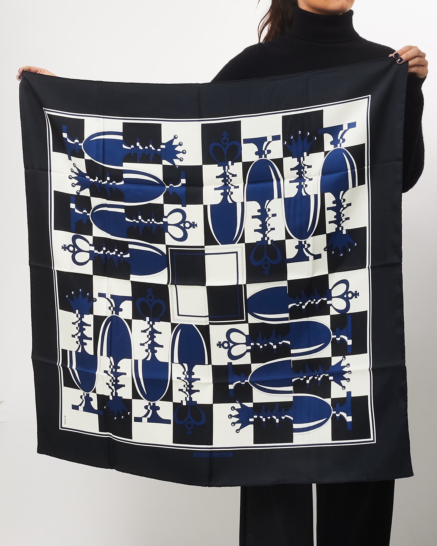 Hermès Black Blue & White Chess Silk Scarf