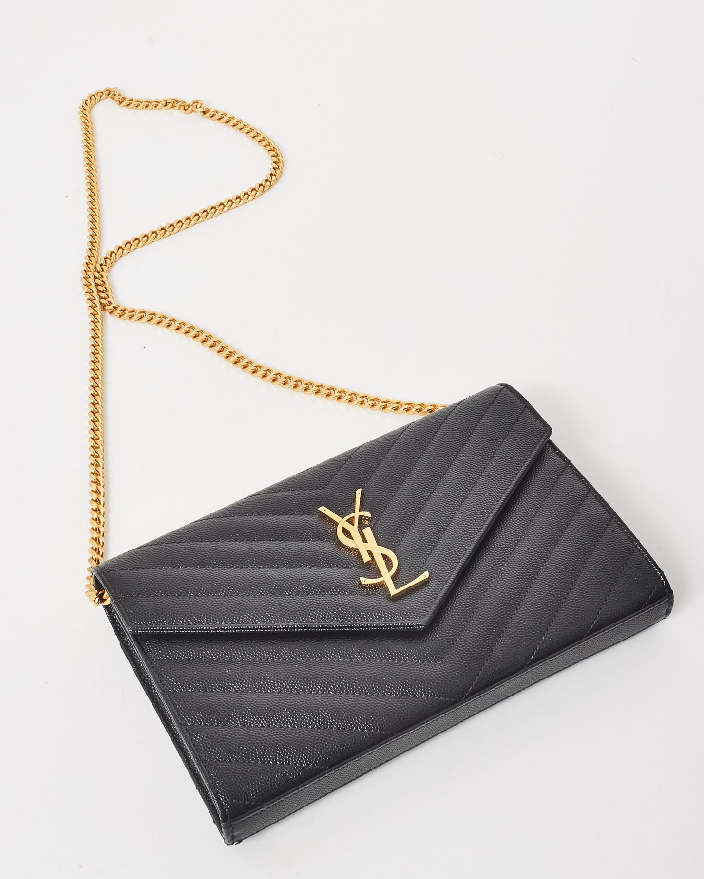 Saint Laurent Black Leather GHW Cassandra Envelope Classic Wallet On Chain