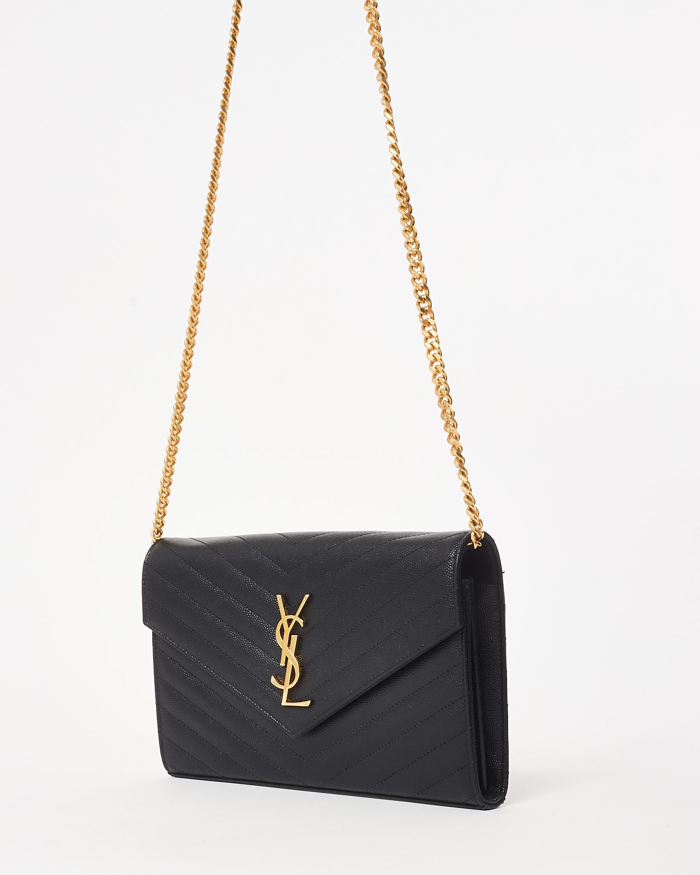 Saint Laurent Black Leather GHW Cassandra Envelope Classic Wallet On Chain