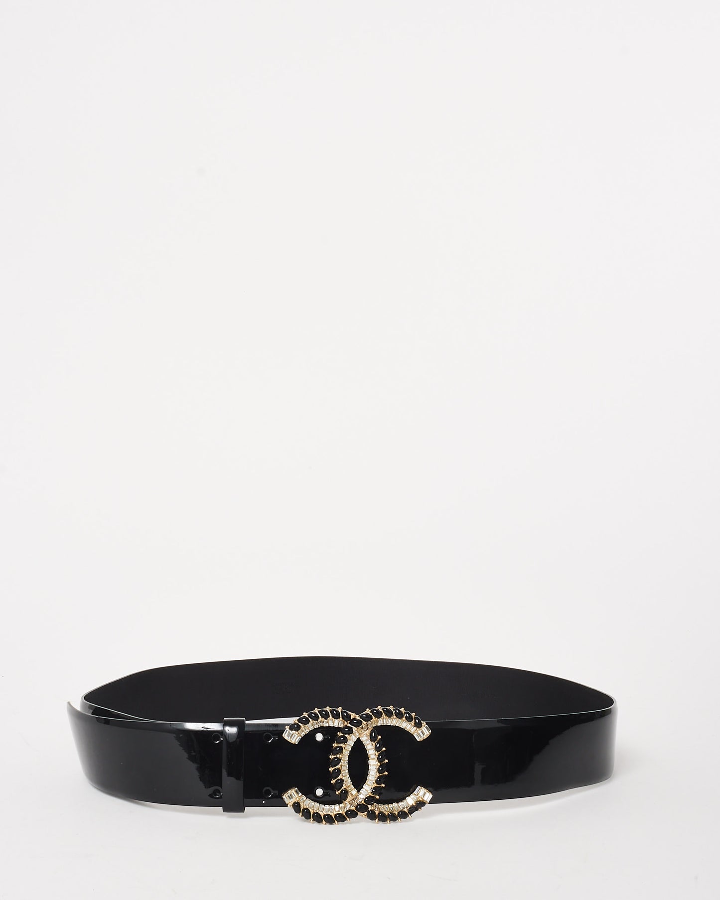 Chanel Black Patent Leather Crystal Logo Belt - 90/36