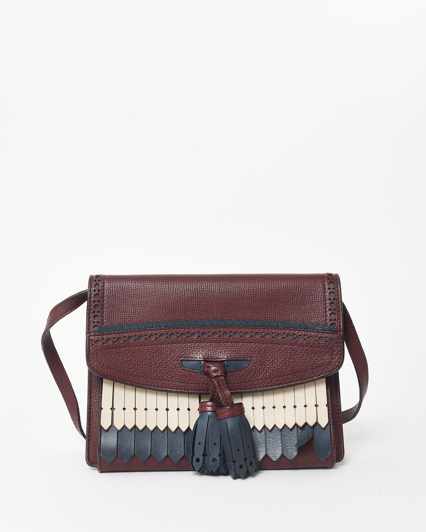 Burberry Burgundy Navy & White Leather Tassel Macken Crossbody Bags