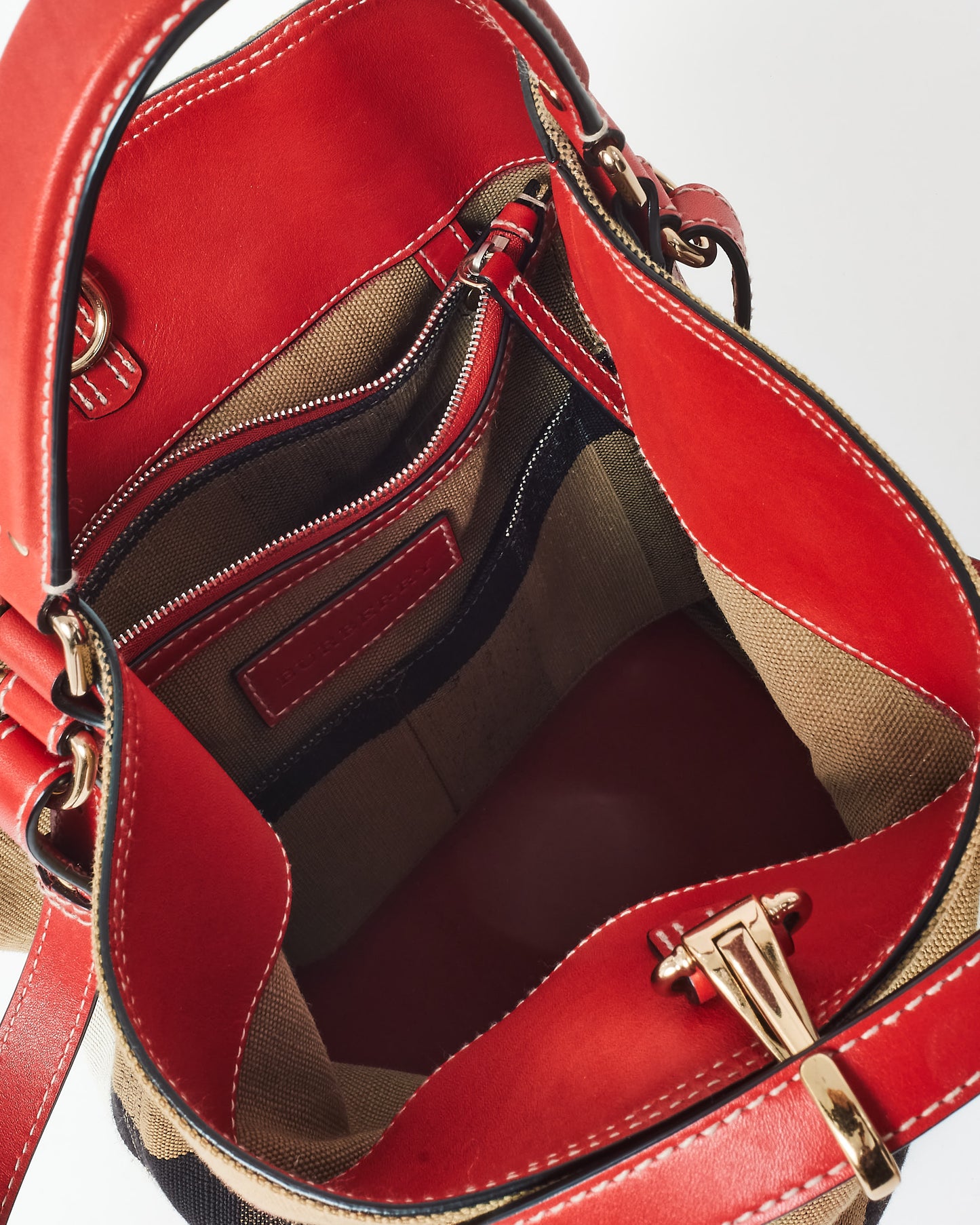 Burberry Plaid Canvas & Red Leather Ashby Bucket Bag