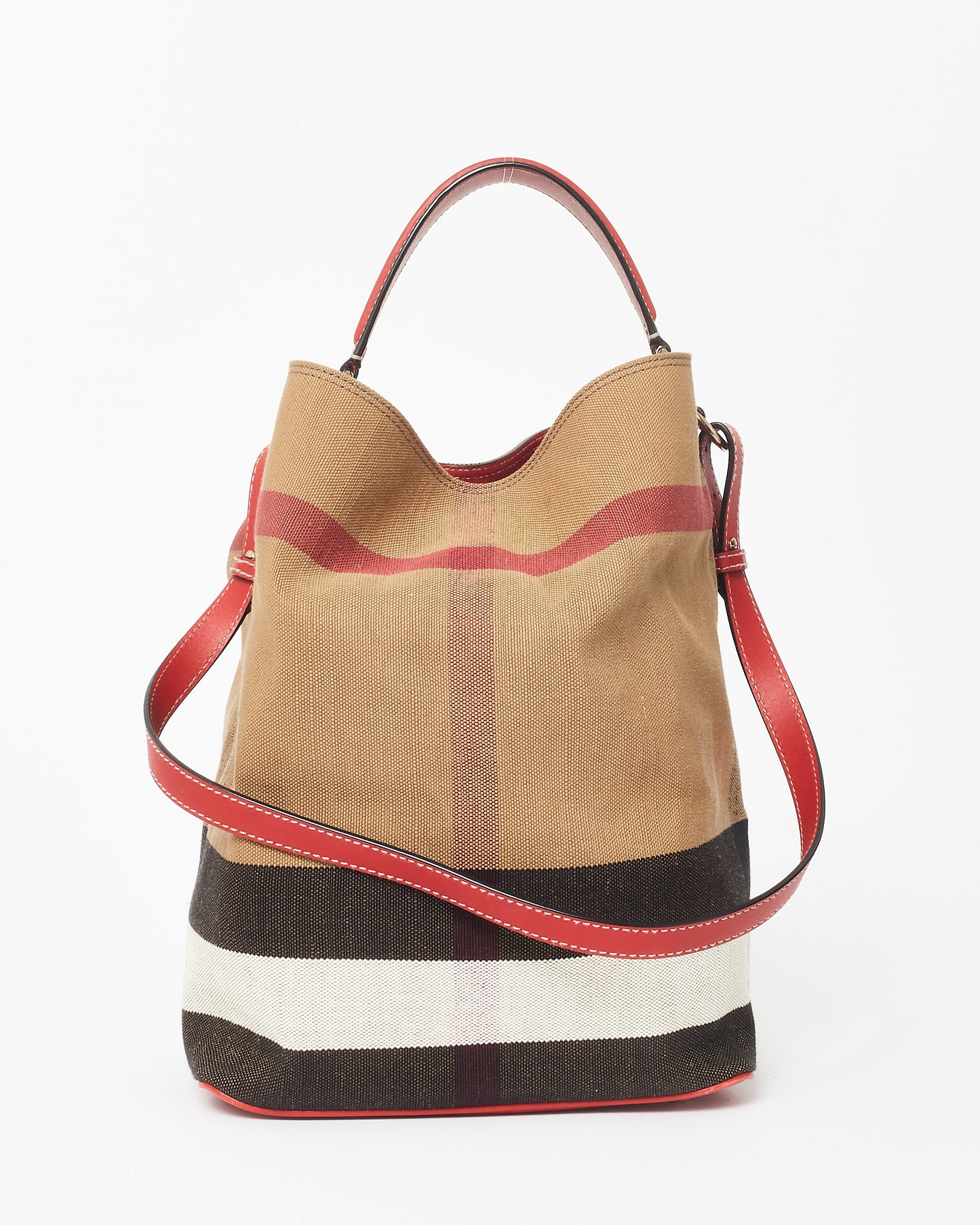 Burberry Plaid Canvas & Red Leather Ashby Bucket Bag