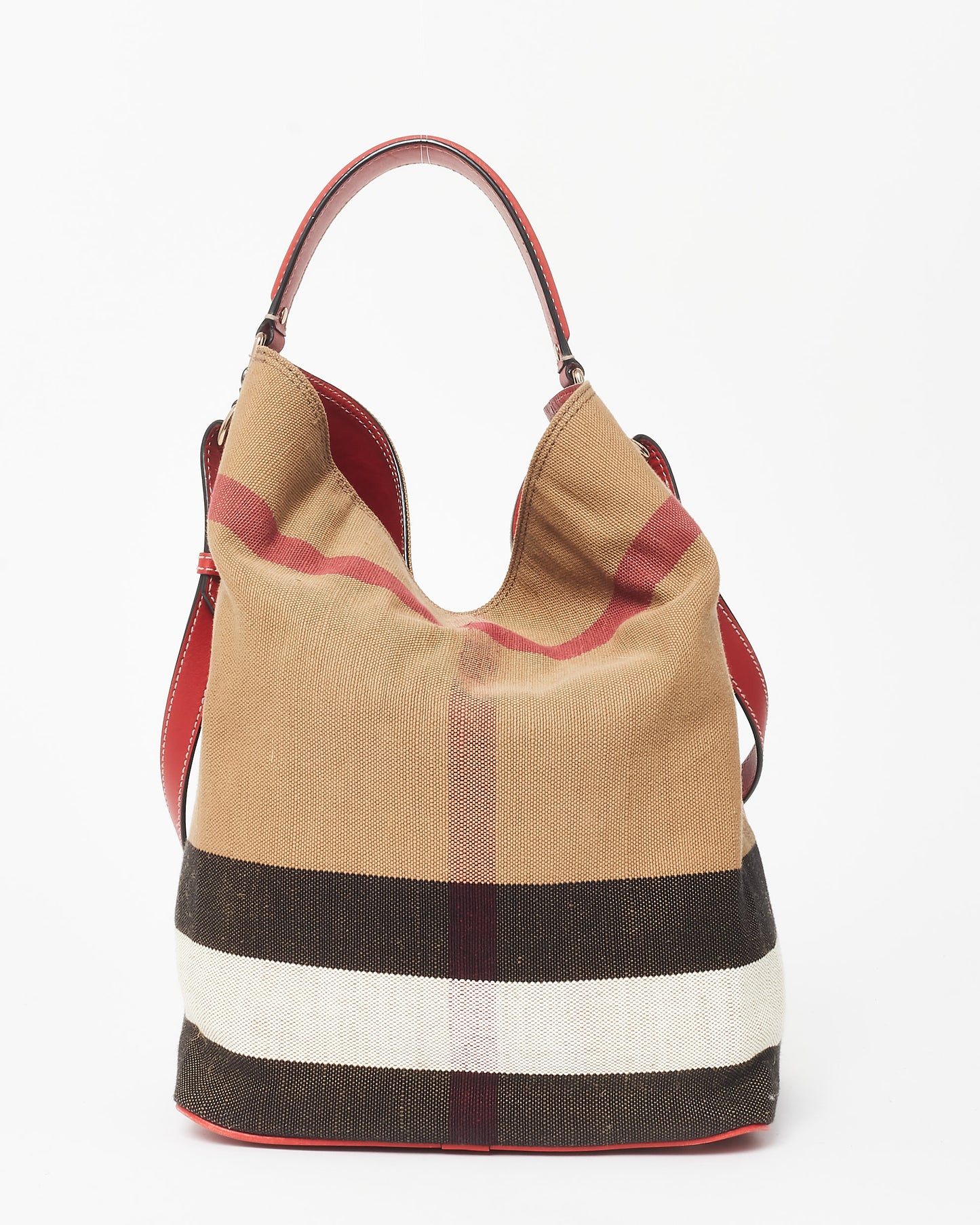 Burberry Plaid Canvas & Red Leather Ashby Bucket Bag