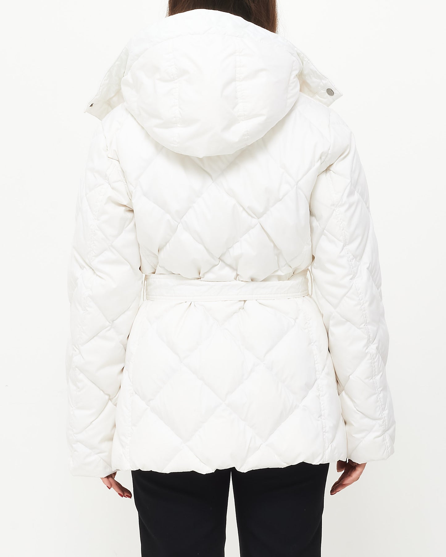 Burberry White Belted Puffer Jacket W/ Plaid Interior - L