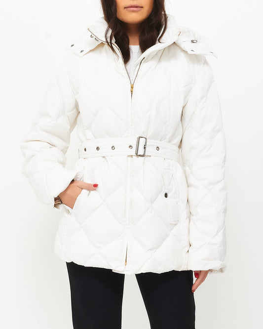 Burberry White Belted Puffer Jacket W/ Plaid Interior - L