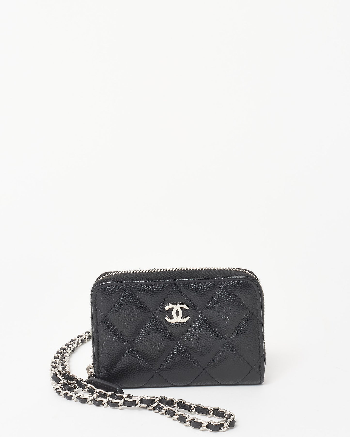 Chanel Black Caviar Leather Mini Zip Around Card Holder On Chain