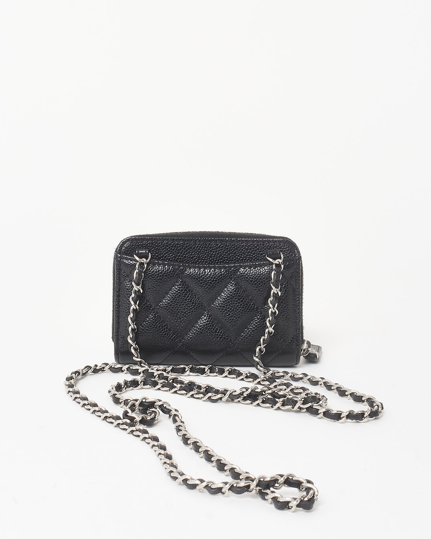 Chanel Black Caviar Leather Mini Zip Around Card Holder On Chain