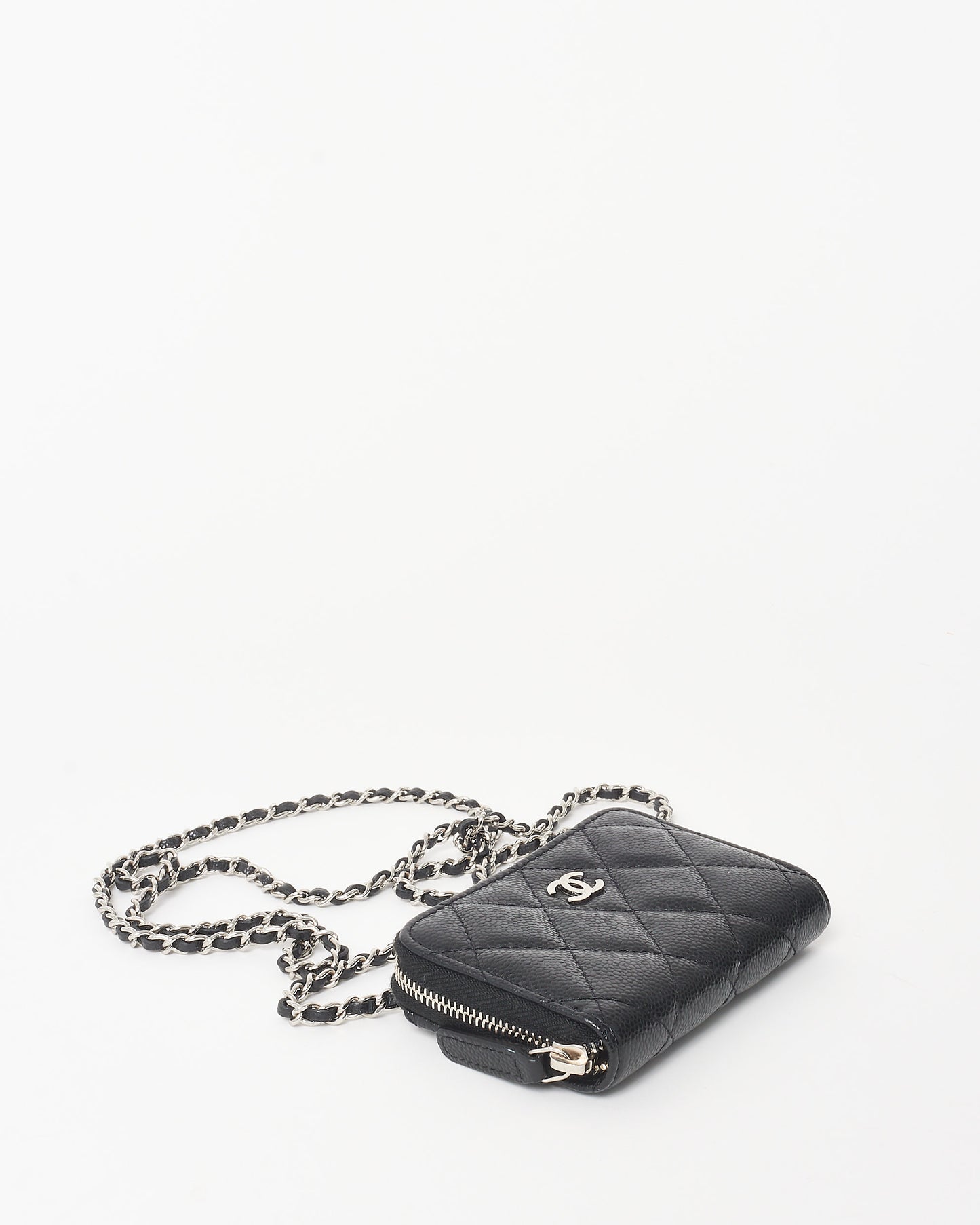 Chanel Black Caviar Leather Mini Zip Around Card Holder On Chain