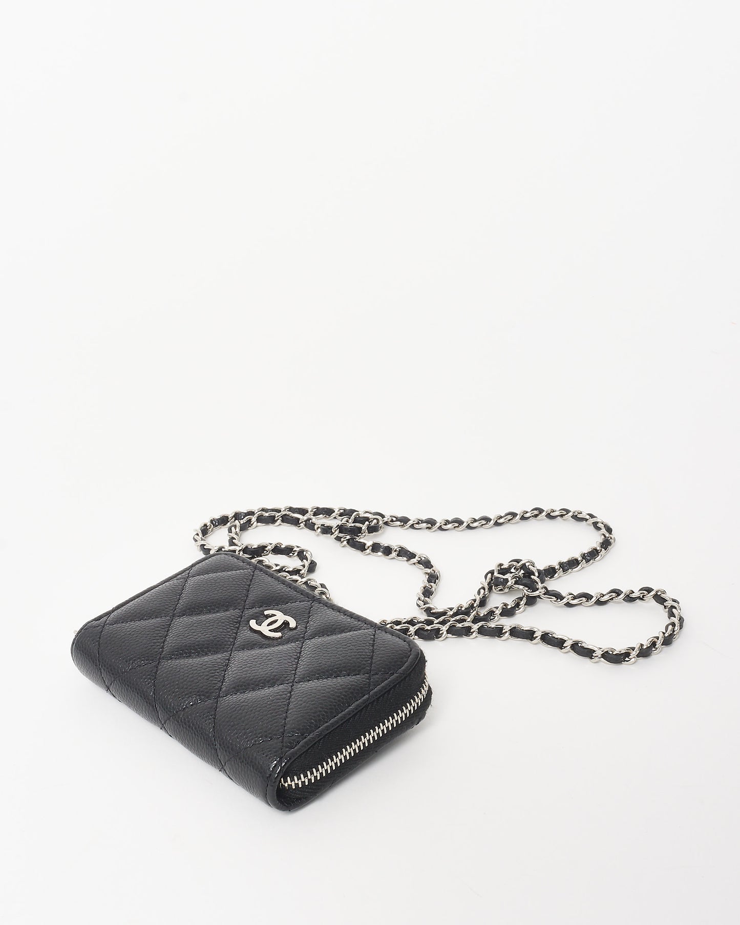 Chanel Black Caviar Leather Mini Zip Around Card Holder On Chain