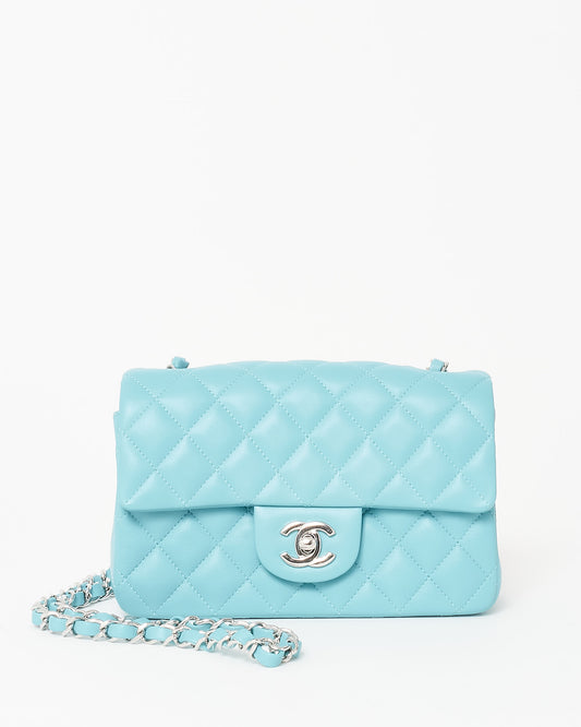 Chanel Light Blue/ Turquoise Lambskin Leather SHW Mini Rectangular Single Classic Flap