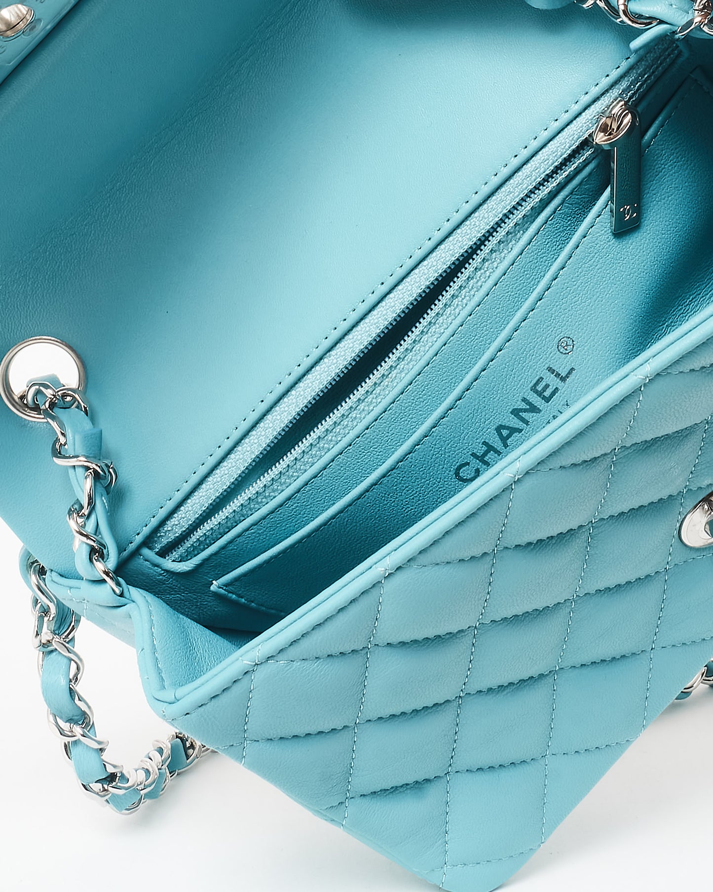 Chanel Light Blue/ Turquoise Lambskin Leather SHW Mini Rectangular Single Classic Flap