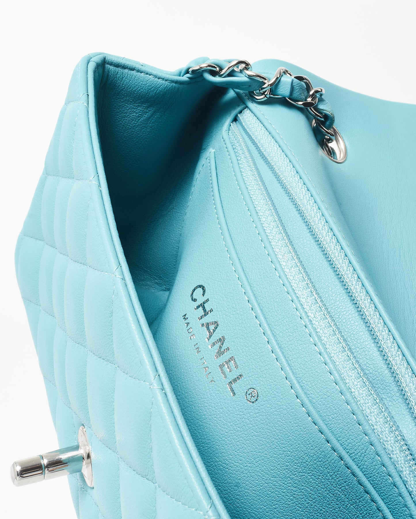 Chanel Light Blue/ Turquoise Lambskin Leather SHW Mini Rectangular Single Classic Flap