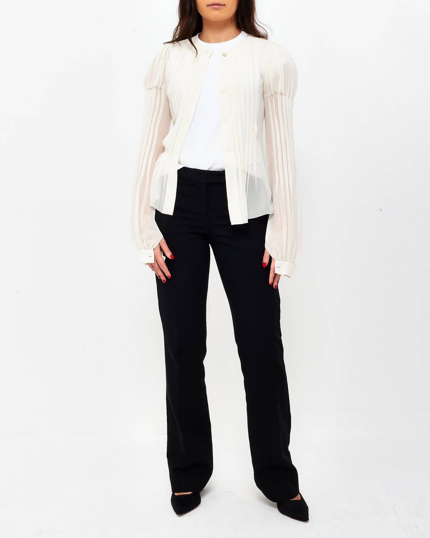 Chanel White Pleated Button Down Blouse - 07A - 34