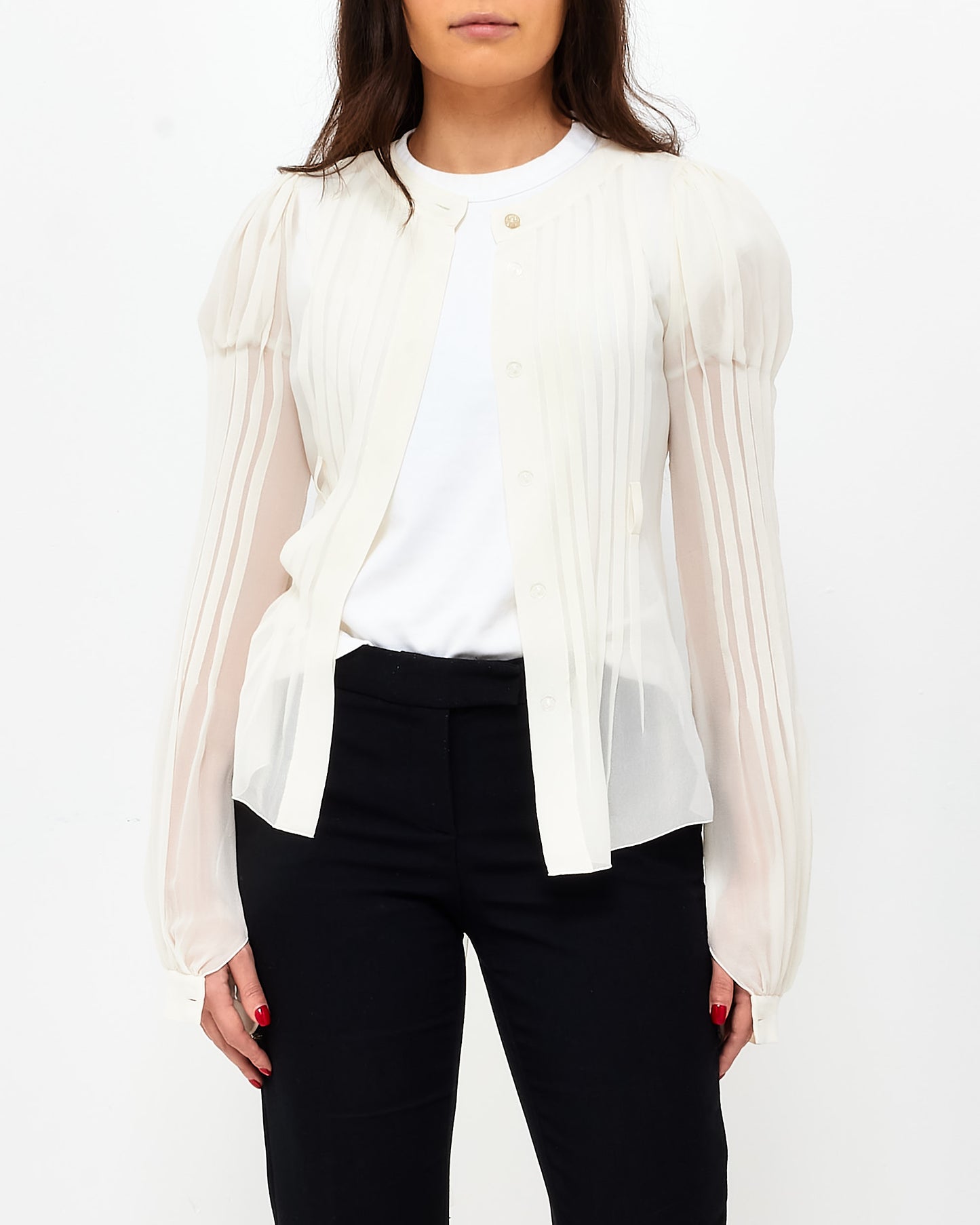 Chanel White Pleated Button Down Blouse - 07A - 34