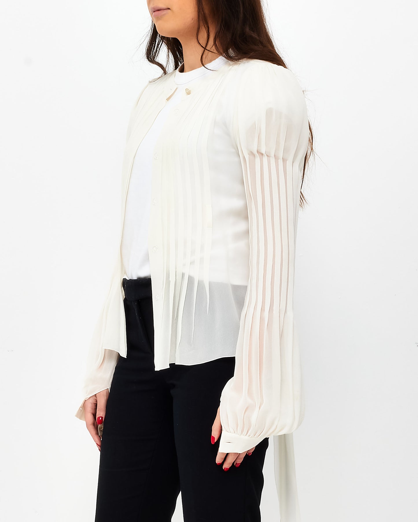 Chanel White Pleated Button Down Blouse - 07A - 34