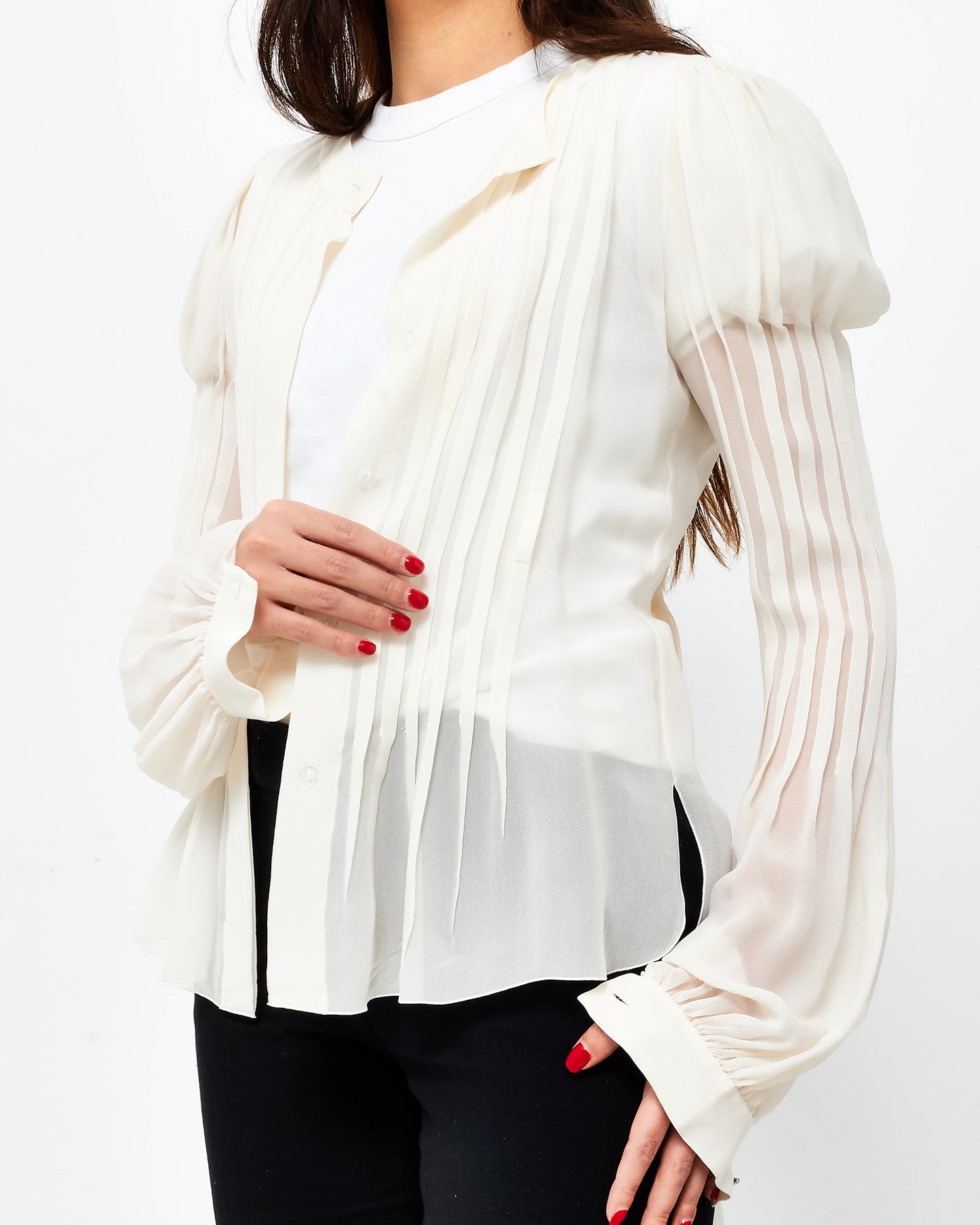 Chanel White Pleated Button Down Blouse - 07A - 34