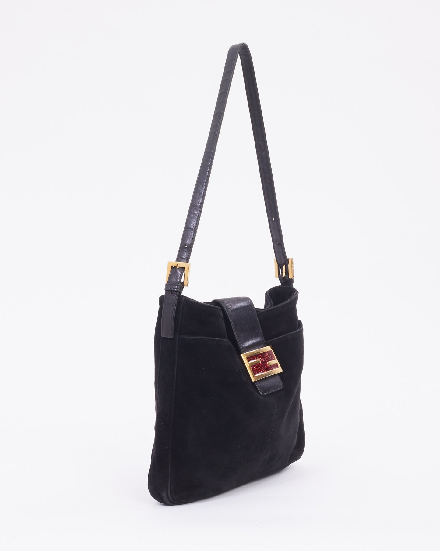 Fendi Black Suede Red Glitter Logo Mamma Shoulder Bag