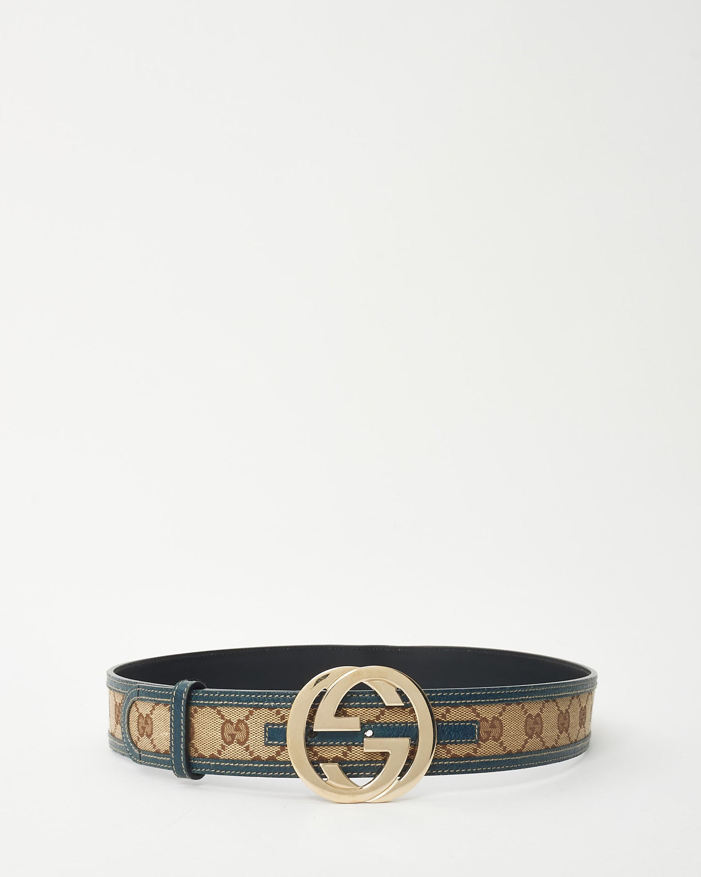 Gucci Brown Monogram Canvas & Blue Trim GG Logo Belt - 85/34