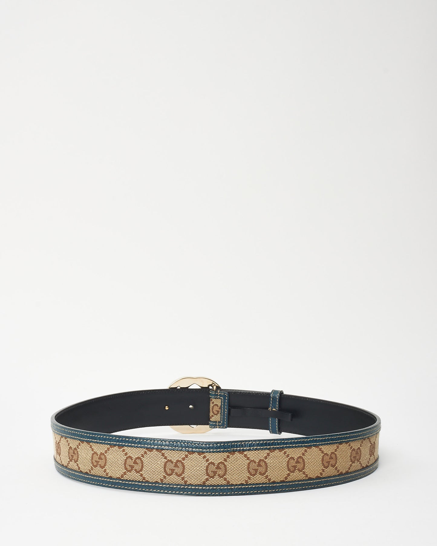 Gucci Brown Monogram Canvas & Blue Trim GG Logo Belt - 85/34