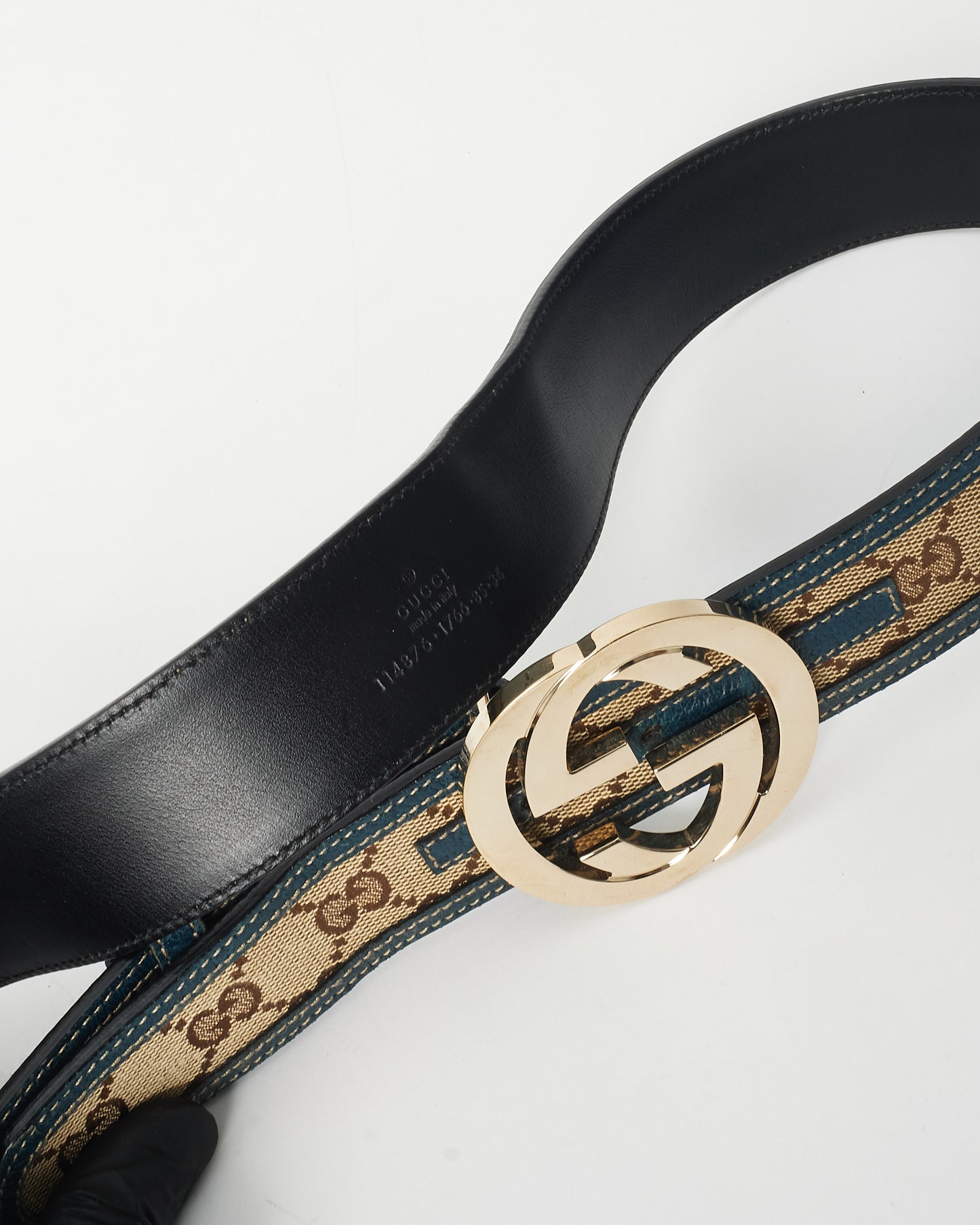 Gucci Brown Monogram Canvas & Blue Trim GG Logo Belt - 85/34