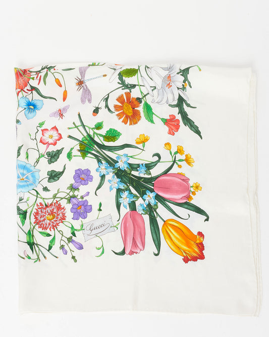 Gucci White Silk & Multi Floral Print Scarf