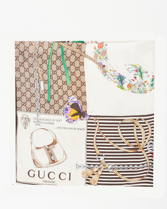 Gucci White & Brown Silk Scarf W/ Multi Floral & Bugs