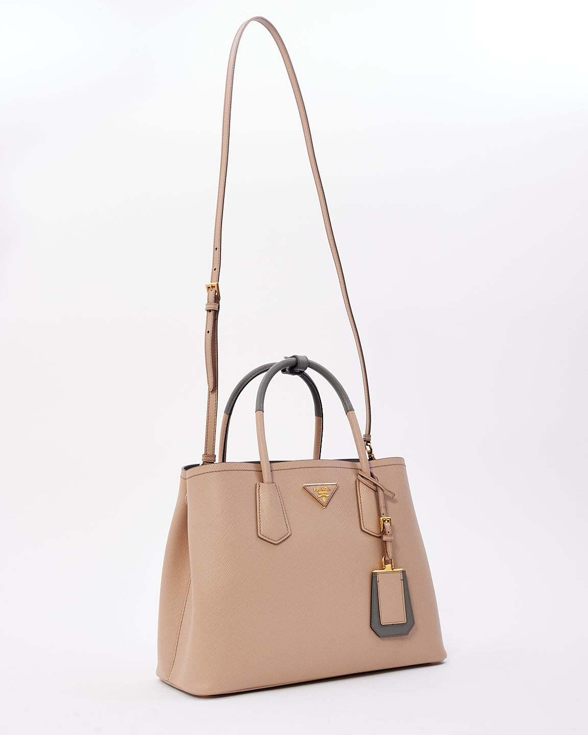 Prada Beige & Grey Saffiano Leather Medium Double Tote Bag