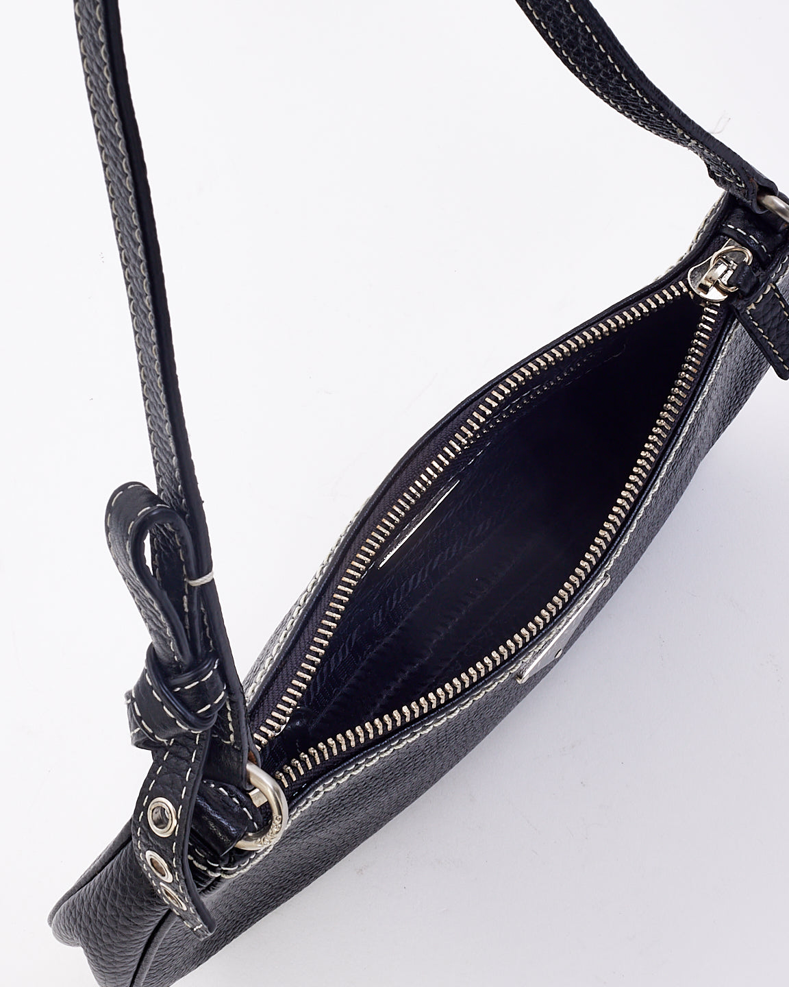 Prada Black Grained Leather with White Stitching Small Shoulder Bag