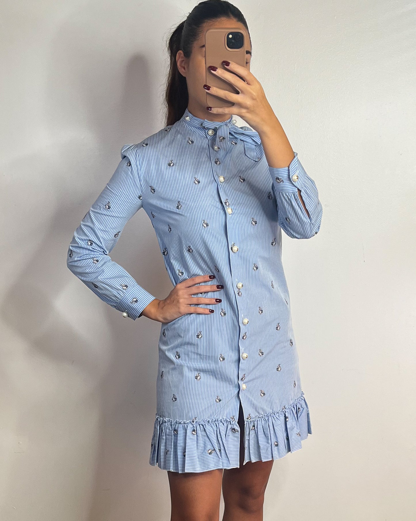 Gucci Blue Striped Cotton Bunny Print Button Down Shirt Dress