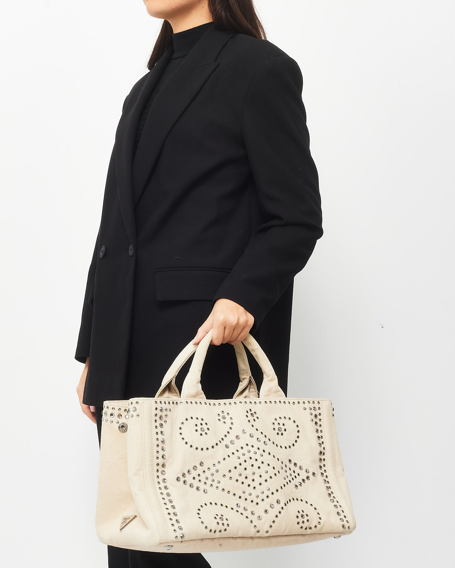 Prada Beige Bijoux Studded Canapa Tote MM