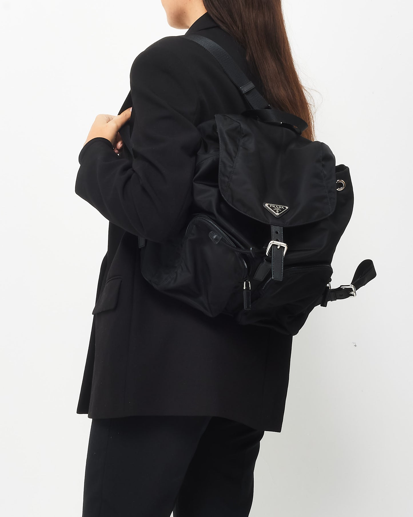 Prada Black Nylon Double Front Pocket Re-Nylon Medium Backpack