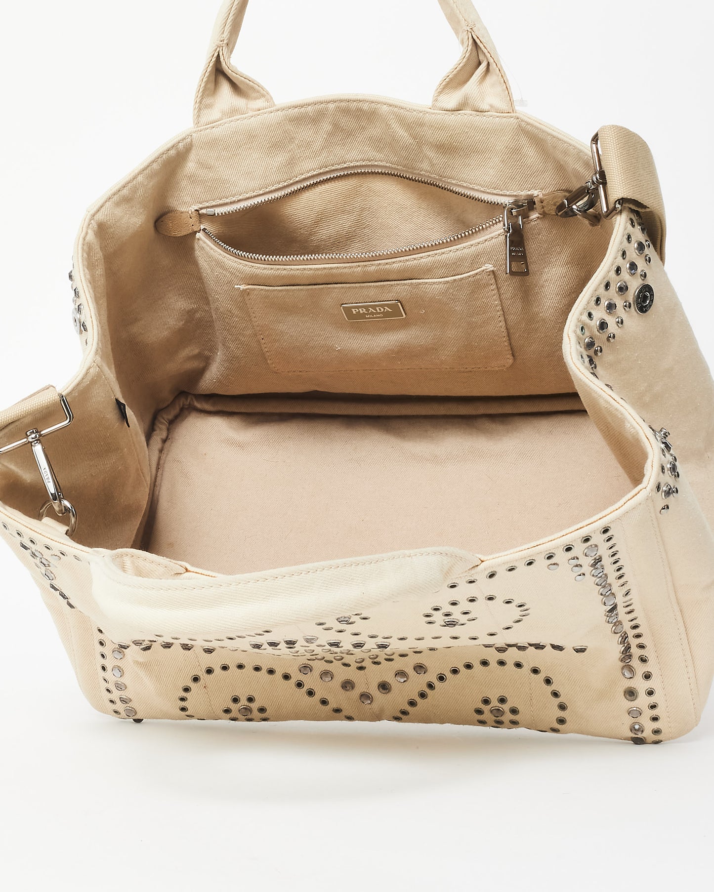 Prada Beige Bijoux Studded Canapa Tote MM