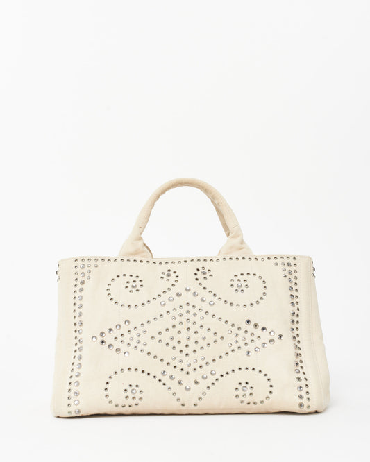 Prada Beige Bijoux Studded Canapa Tote MM