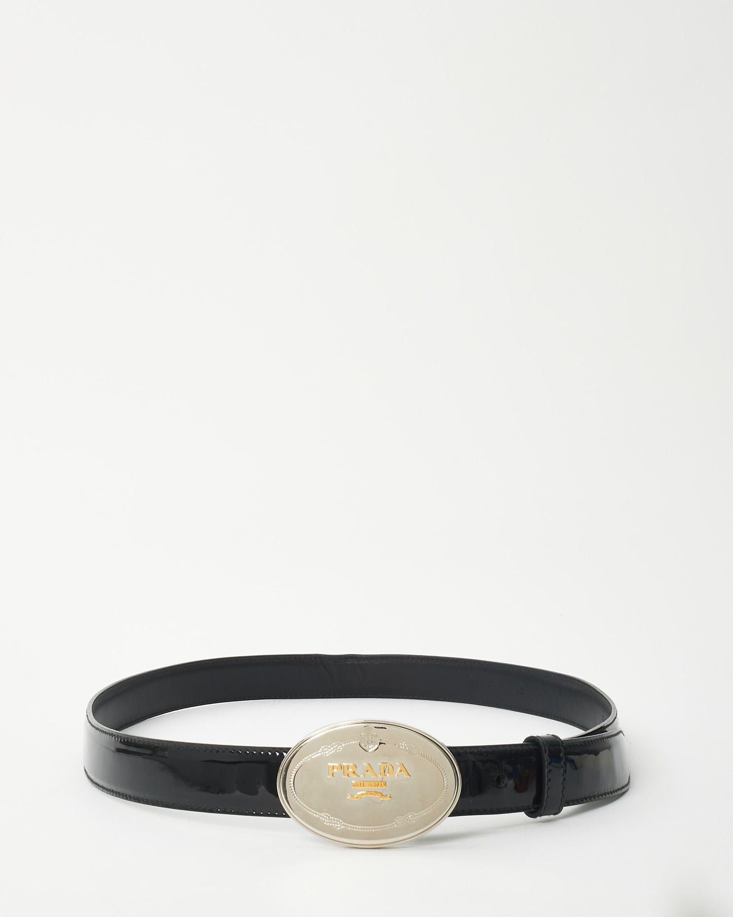 Prada Black Patent Leather Silver & Gold Logo Belt - 90/36