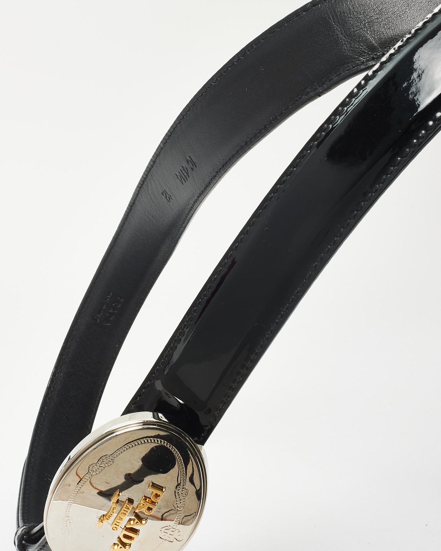 Prada Black Patent Leather Silver & Gold Logo Belt - 90/36