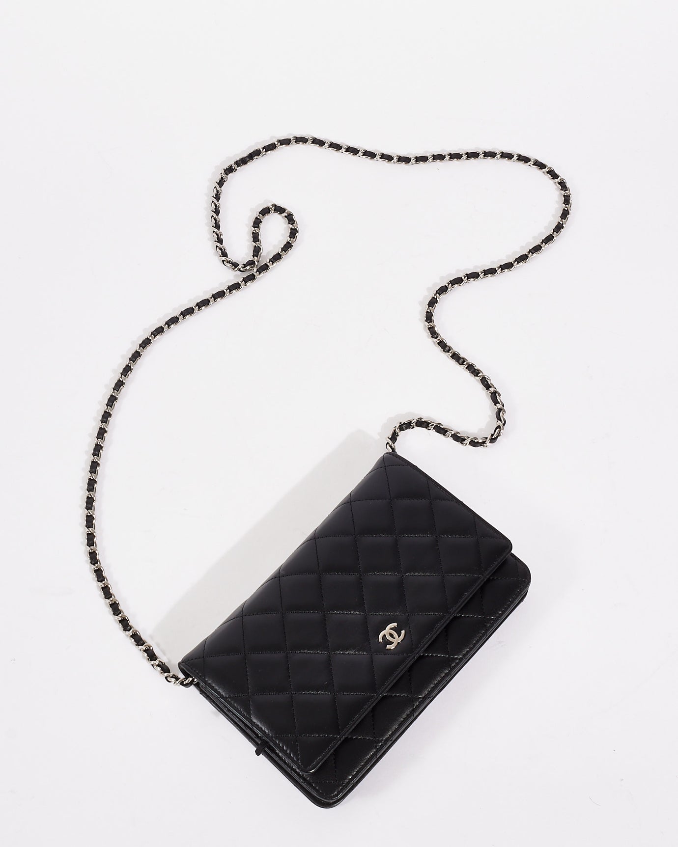 Chanel Black Lambskin Leather Wallet on Chain with Silver Hardware