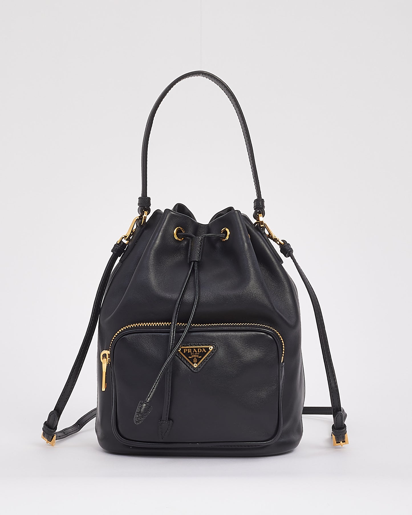 Prada Black Leather Duet Bucket Crossbody Bag