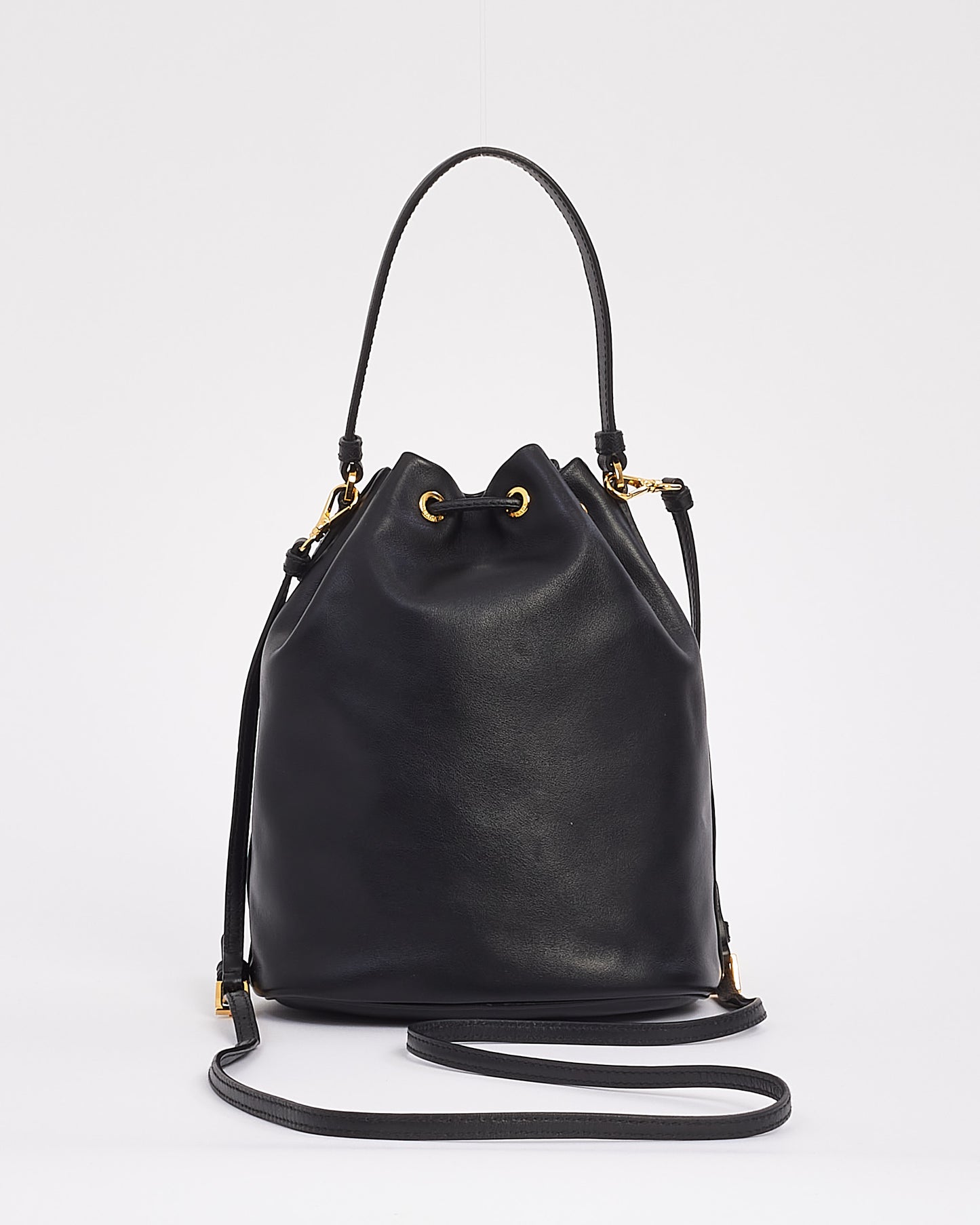 Prada Black Leather Duet Bucket Crossbody Bag