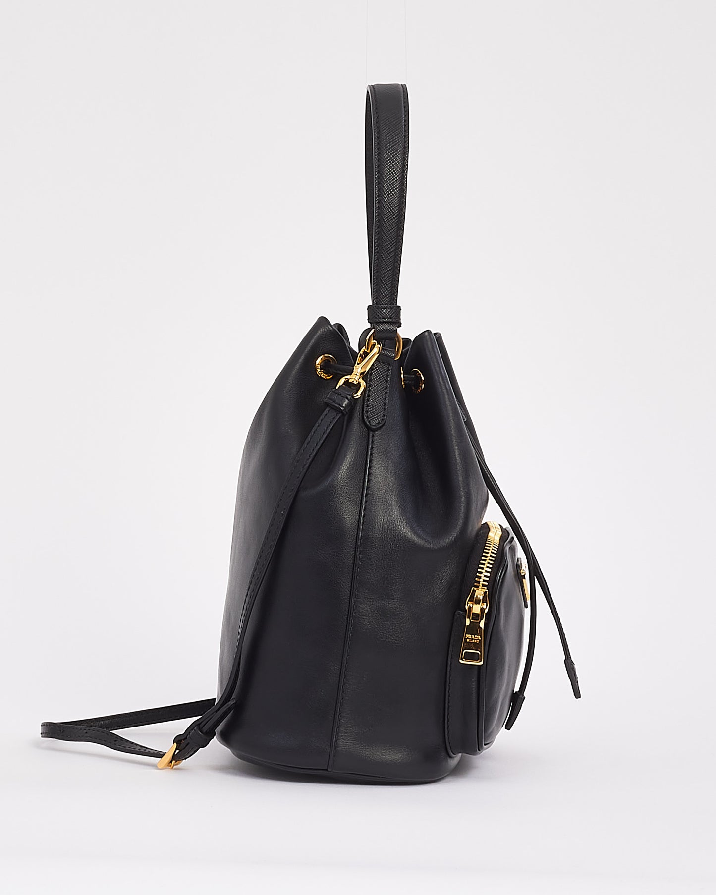 Prada Black Leather Duet Bucket Crossbody Bag