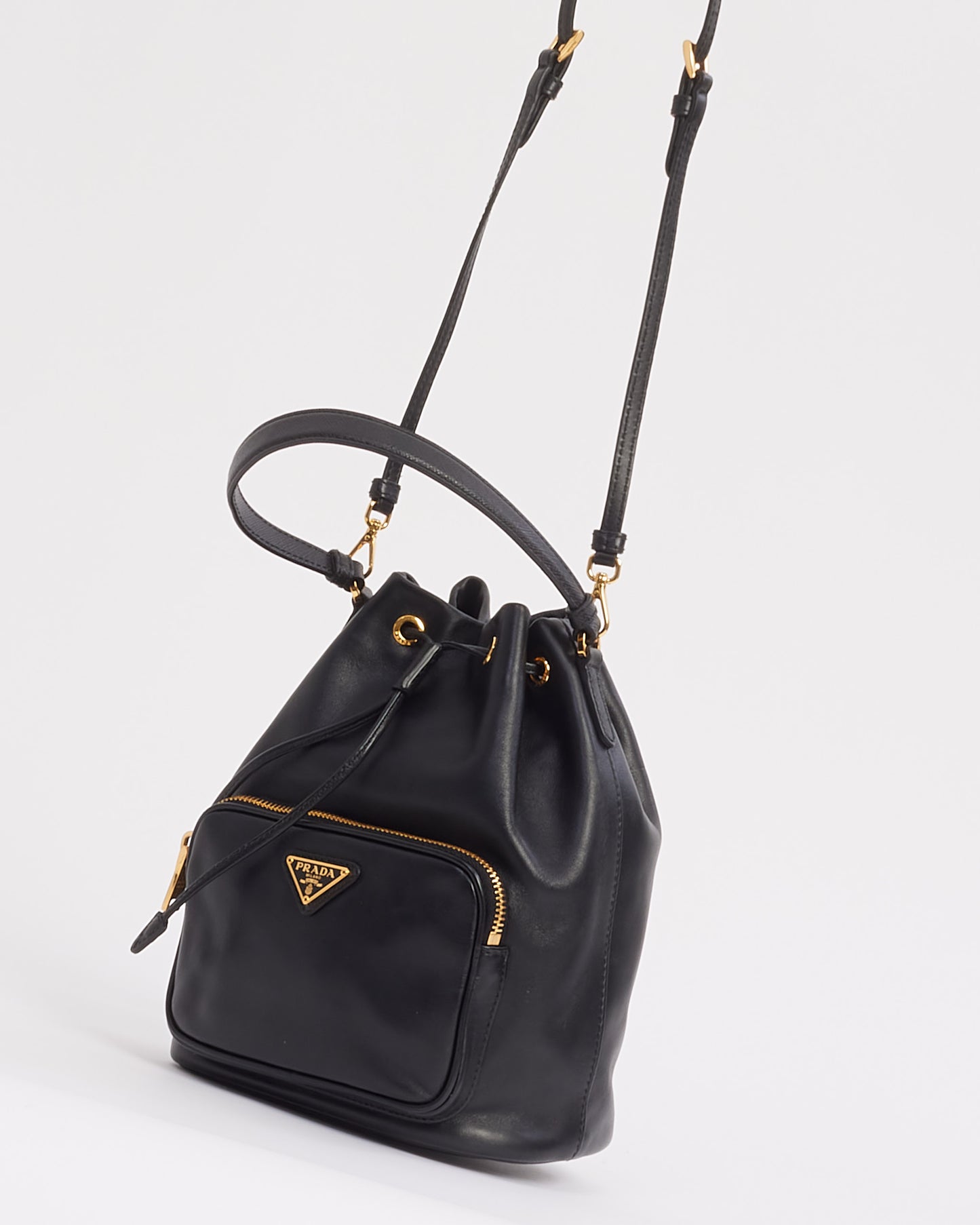 Prada Black Leather Duet Bucket Crossbody Bag