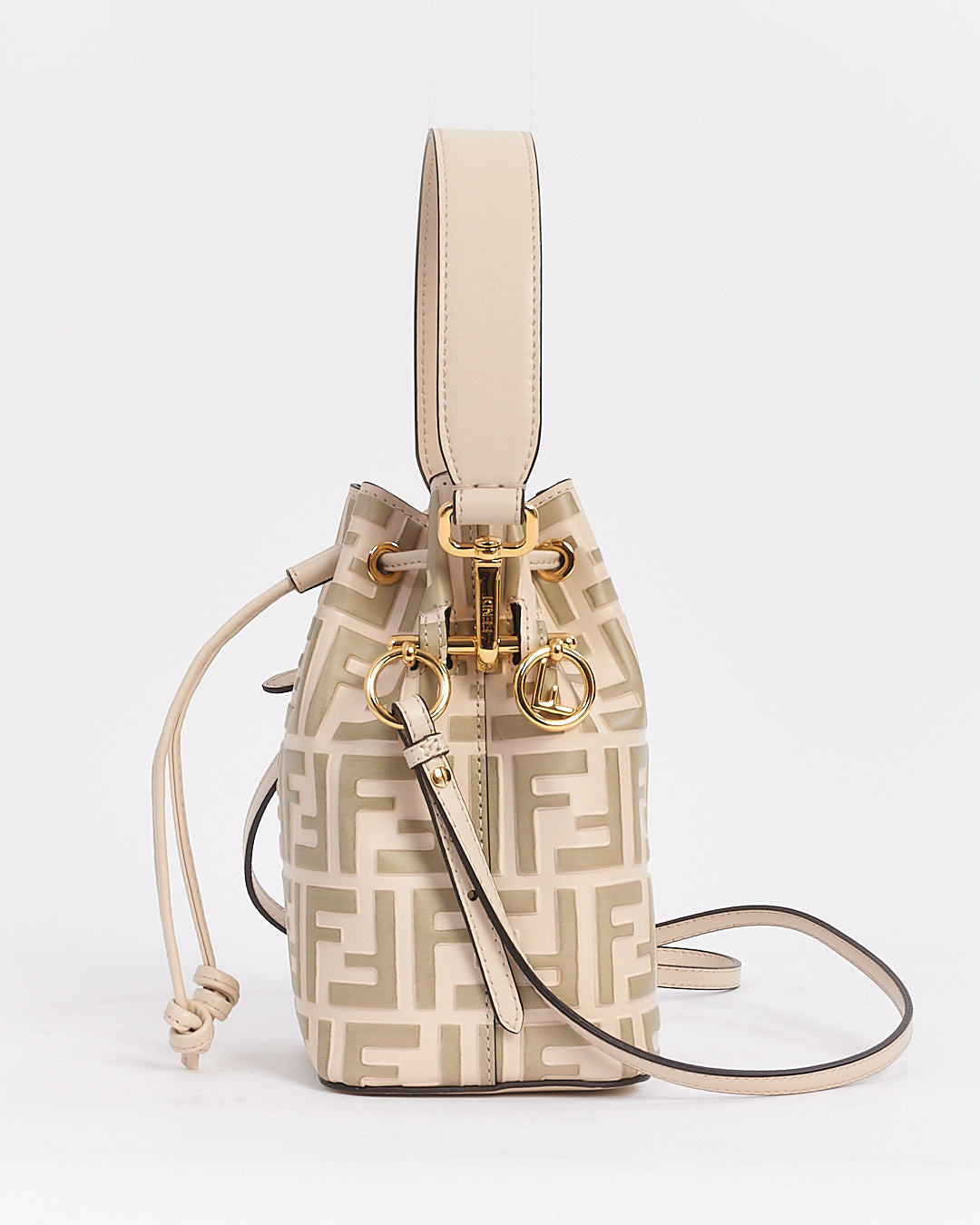 Fendi White PVC and Leather Zucca Print Mini "Mon Tresor" Drawstring Bucket Bag