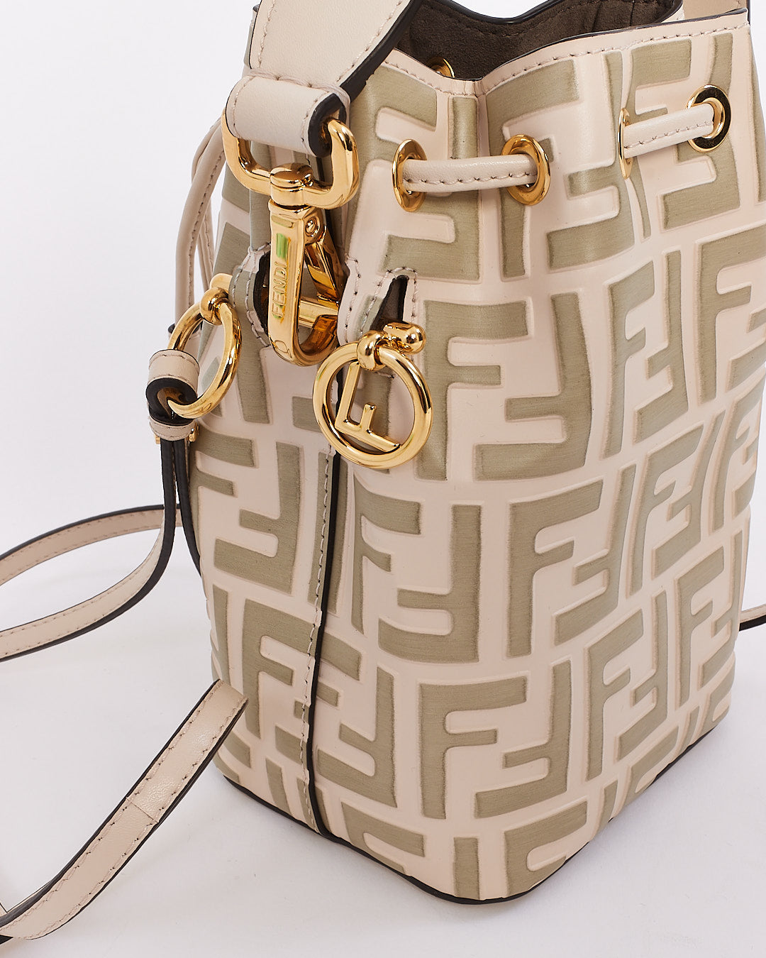 Fendi White PVC and Leather Zucca Print Mini "Mon Tresor" Drawstring Bucket Bag