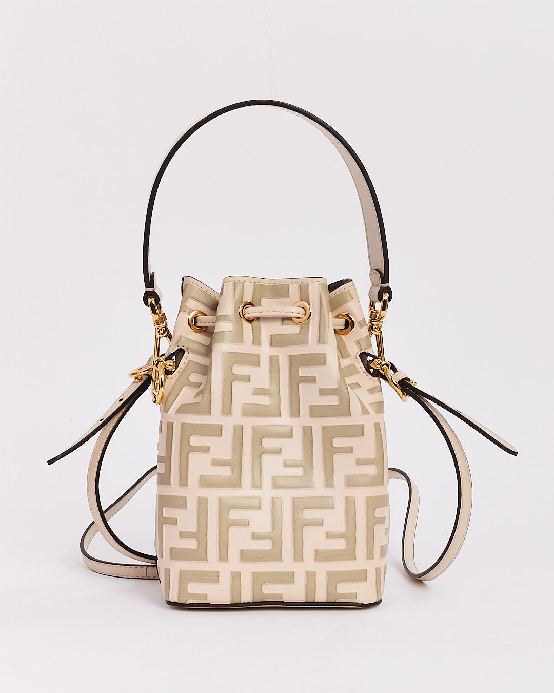 Fendi White PVC and Leather Zucca Print Mini "Mon Tresor" Drawstring Bucket Bag